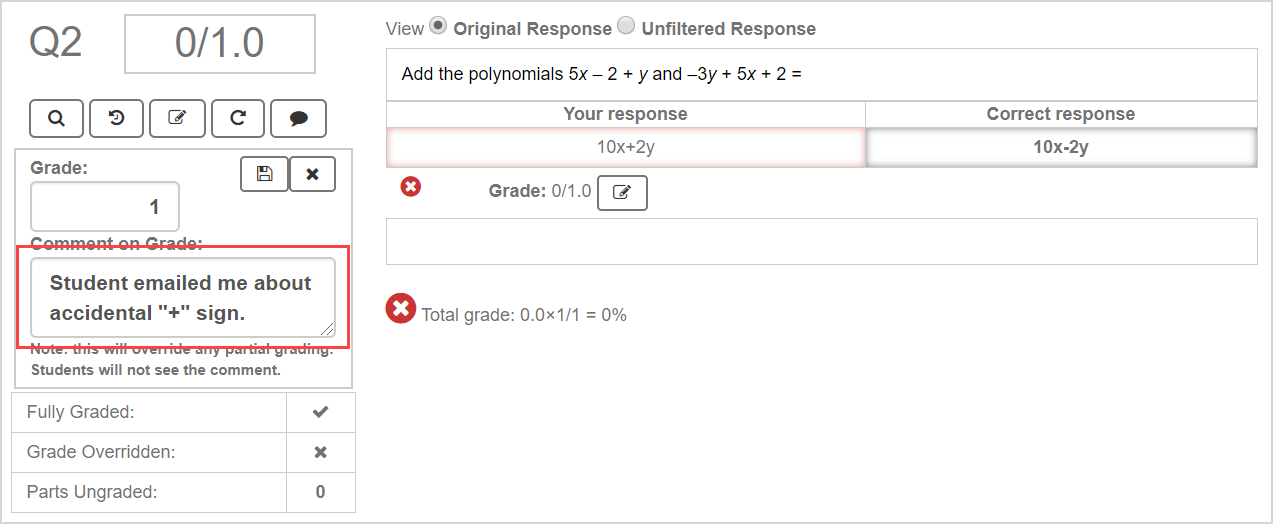 The comment on grade field is highlighted for editing the overall grade.